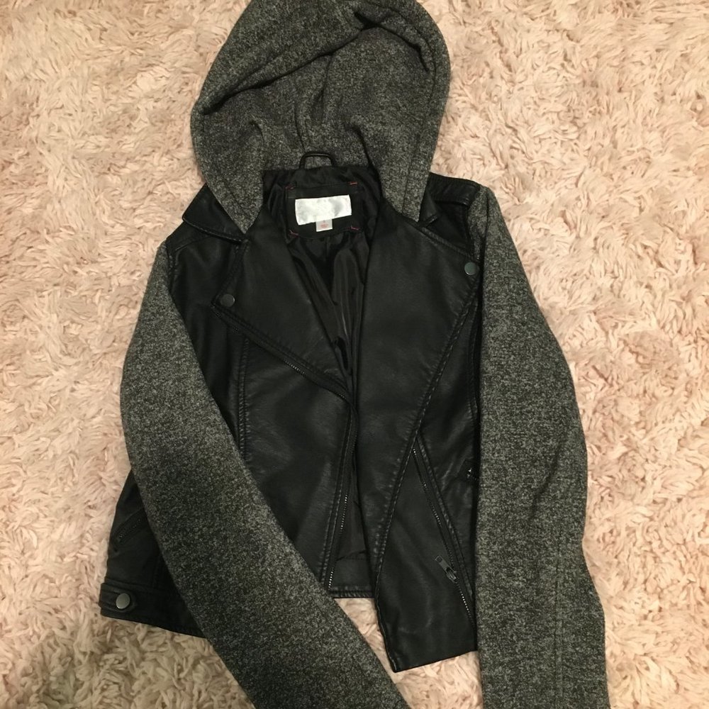 faux leather hooded jacket w/ fabric sleeves